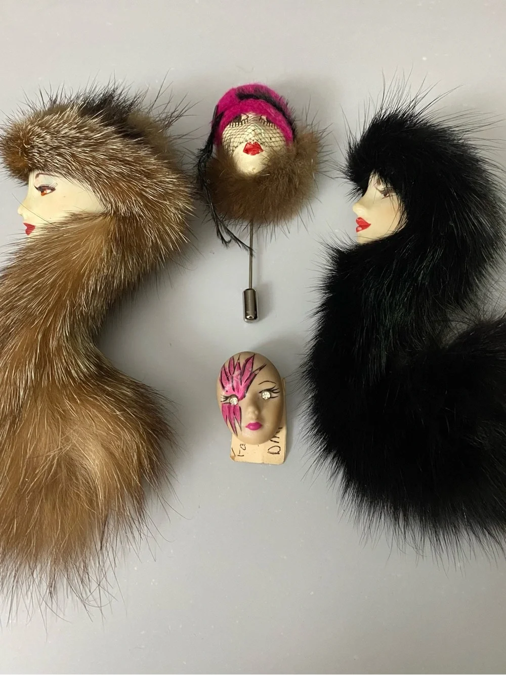 Faux Fur Scarf with Lady Head Pin - Brown and Black, Hat Pin and Face Brooch